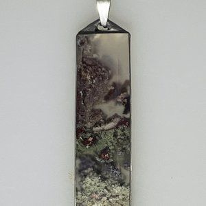 Natural Moss Agate rectangle pendant, silver tone frame setting, unique